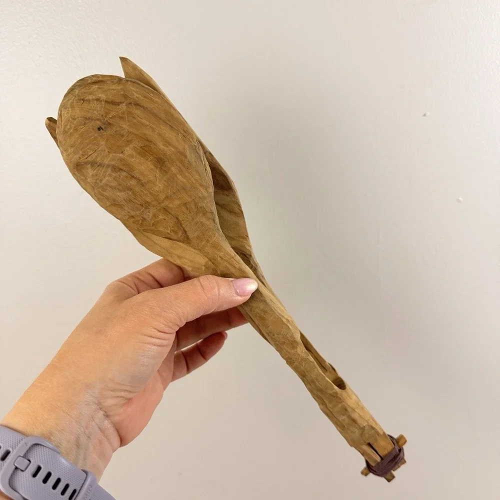 Vintage Olive Wood Salad Tongs Carved Handmade Folk Art Rustic Kitchen Utensils